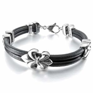 Pulsera Cable Cuerda Negro Plata La Flor De Lis Hombre